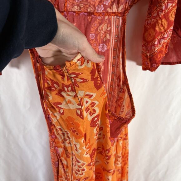 Farm Rio Anthropologie Dress Women's Medium Orange Red Floral Open Back Tie - Picture 16 of 16